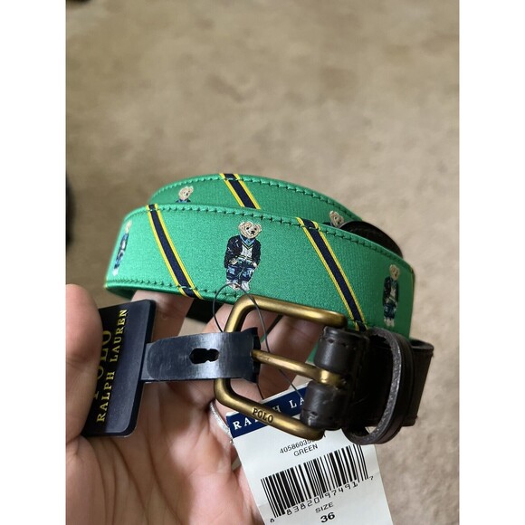 Polo Ralph Lauren Men's SZ 42 Green Polo Bear Belt Leather Needlepoint $98 NWOT